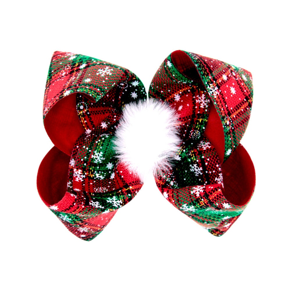 Puppy Bows ~ Dog collar slide extra large bow Christmas fur puff Irene plaid red/green (DC20)
