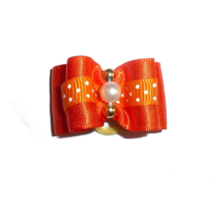 Puppy Dog Bows ~ 7/8" orange pearl dots pet hair show bow barrettes or bands (FB304)