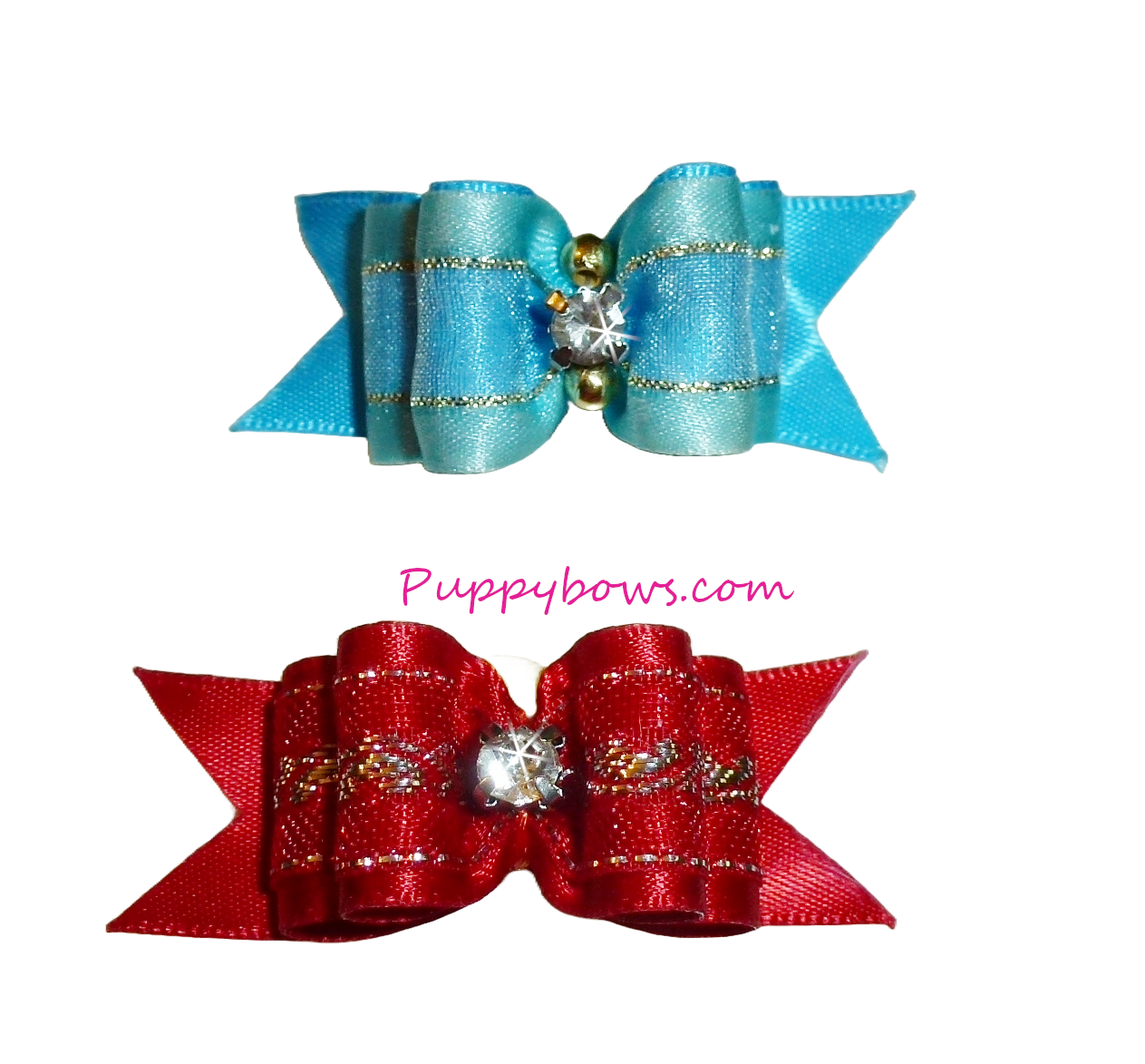 Dog hair bows TWO red/blue show bow with french barrette finish