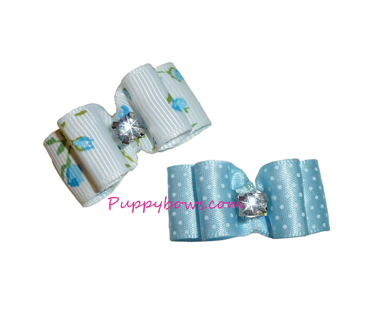 Dog hair bows TWO blue dots blue roses show bow bands or barrette