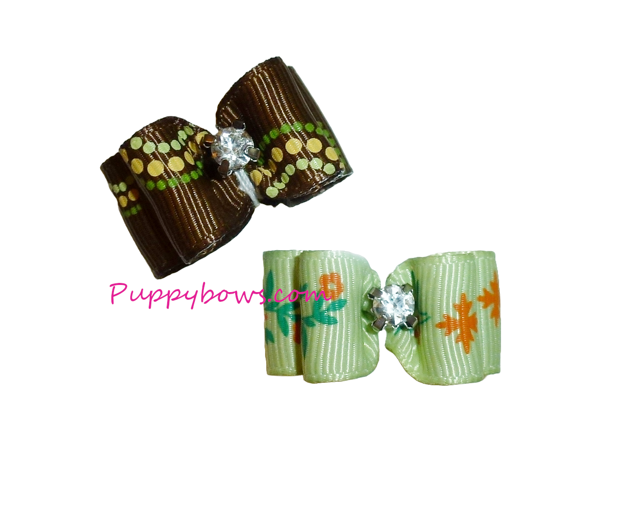 Dog hair bows TWO brown green dots show bow bands or barrette