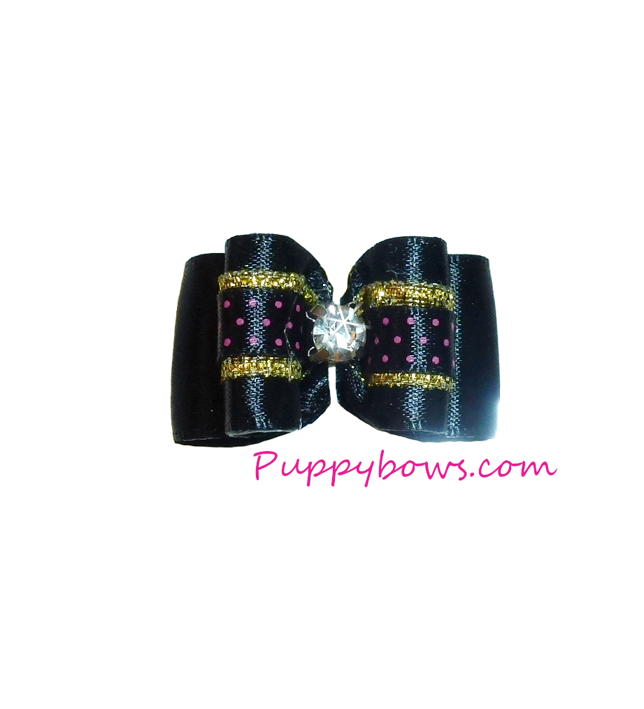 Dog hair bows black/gold with tiny pink dots show bow bands or barrette