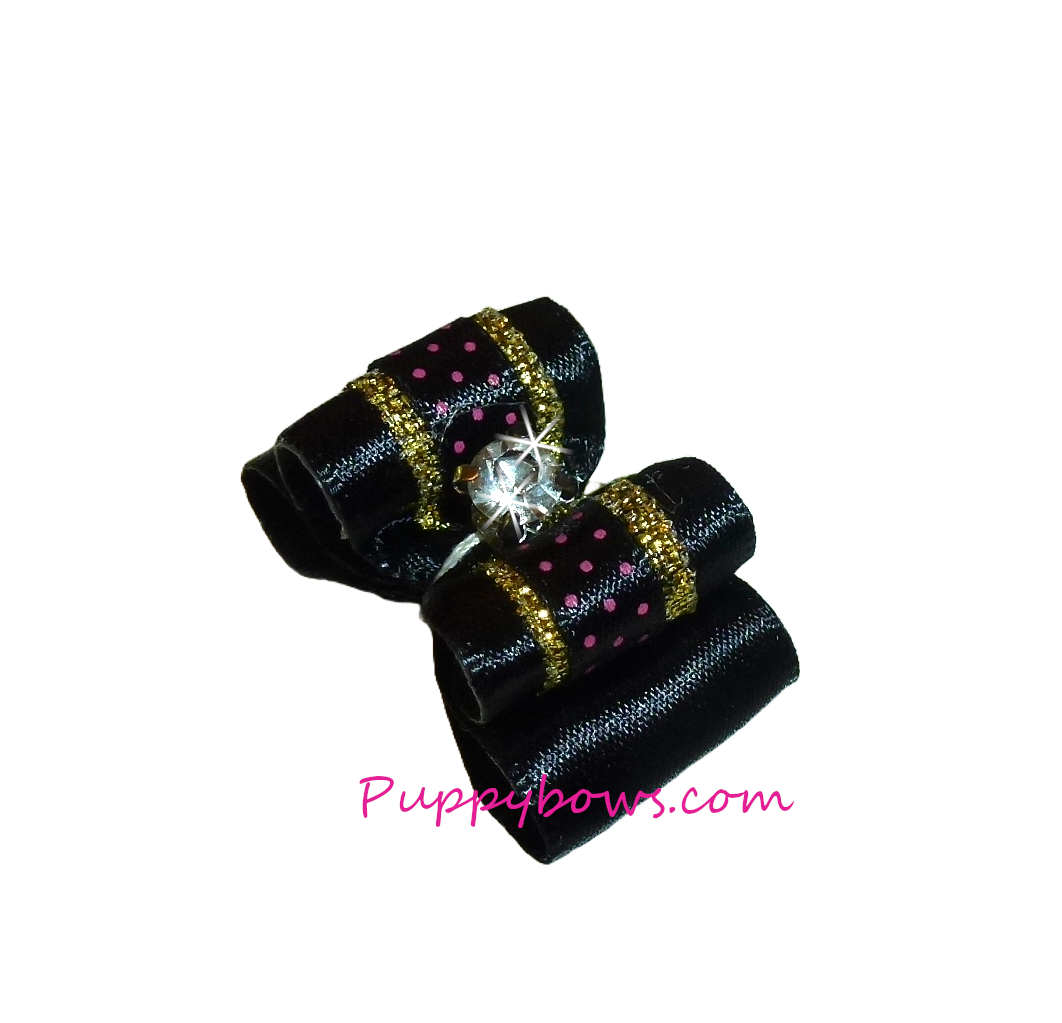 Dog hair bows black/gold with tiny pink dots show bow bands or barrette