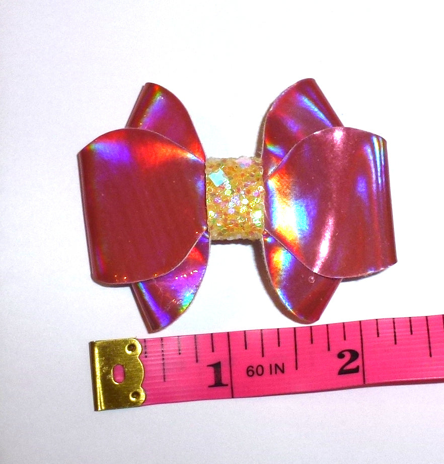 Pink shiny AB patent leather look dog hair bow 2" latex bands or barrette bows