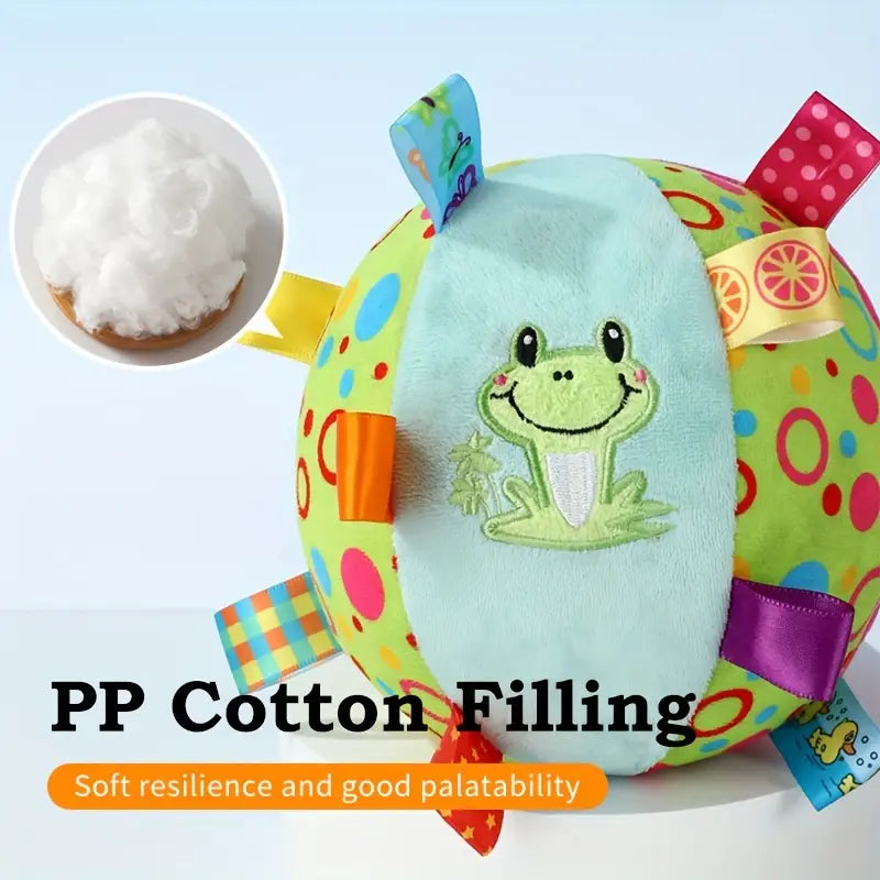 Puppy Bows XL 7" plush ball dog toy ribbon tabs jingle bell green frog