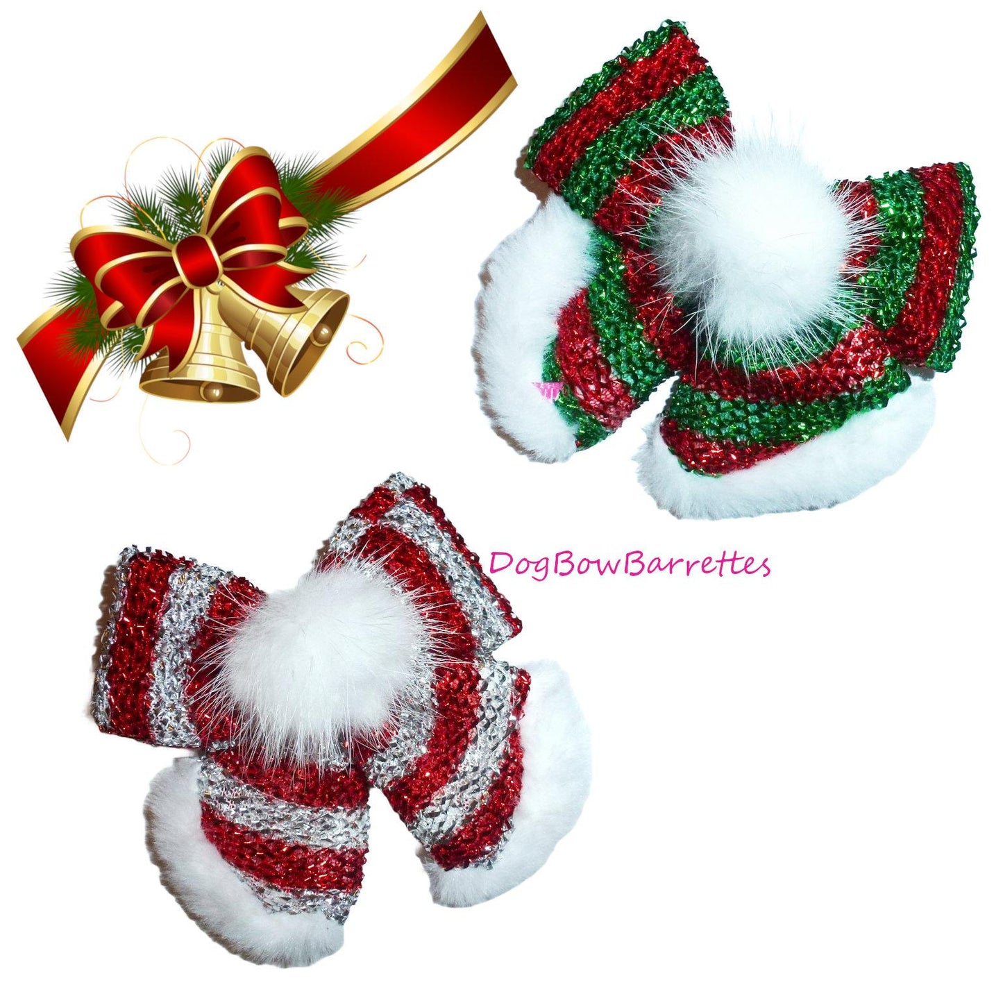Puppy bows ~ christmas red white green furry fuzz ball bow pet hair latex bands or clip dog collar slide (fb615)