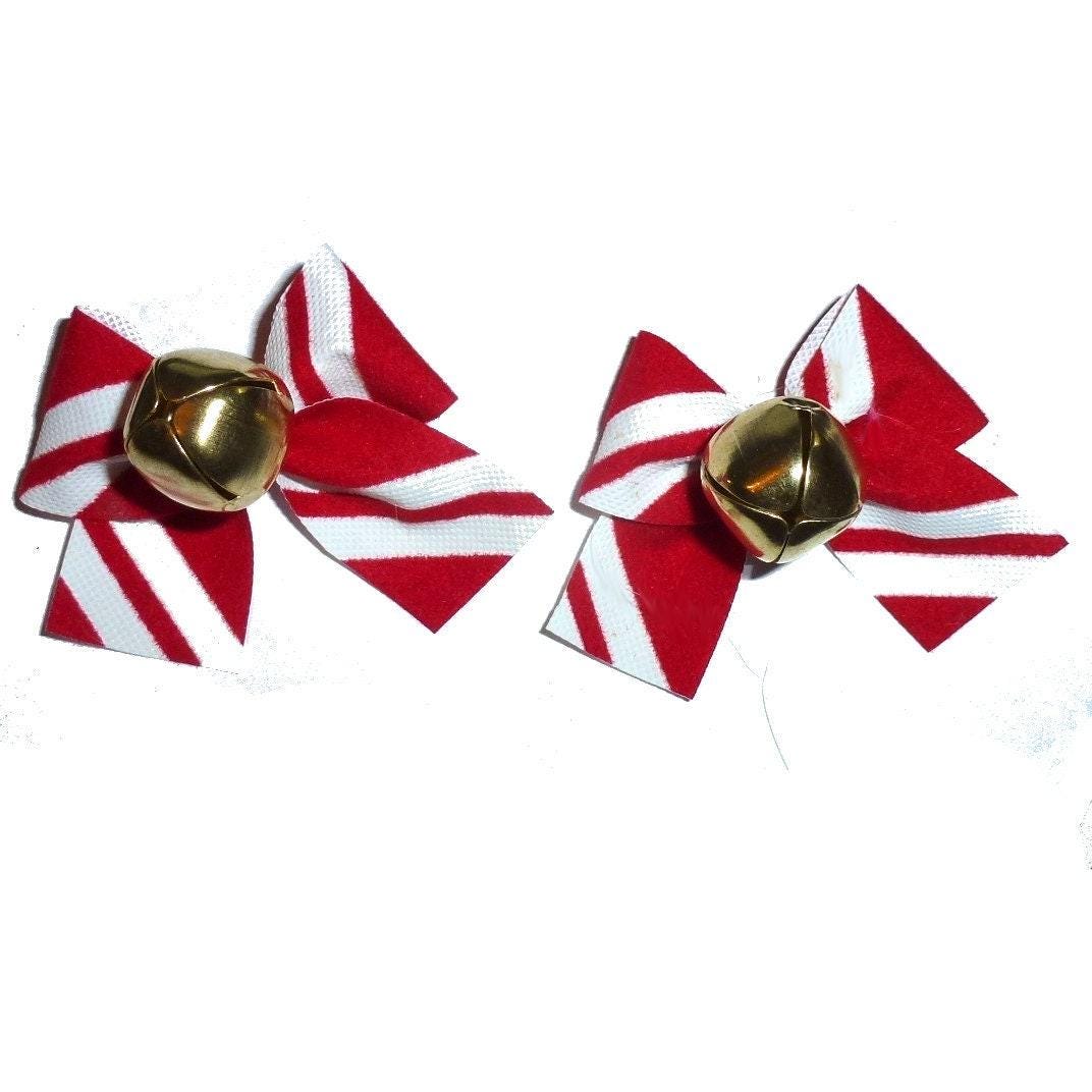 Puppy bows red white candy stripe jingle bell dog bow pairs pet hair clip barrette or latex bands (fb4a)