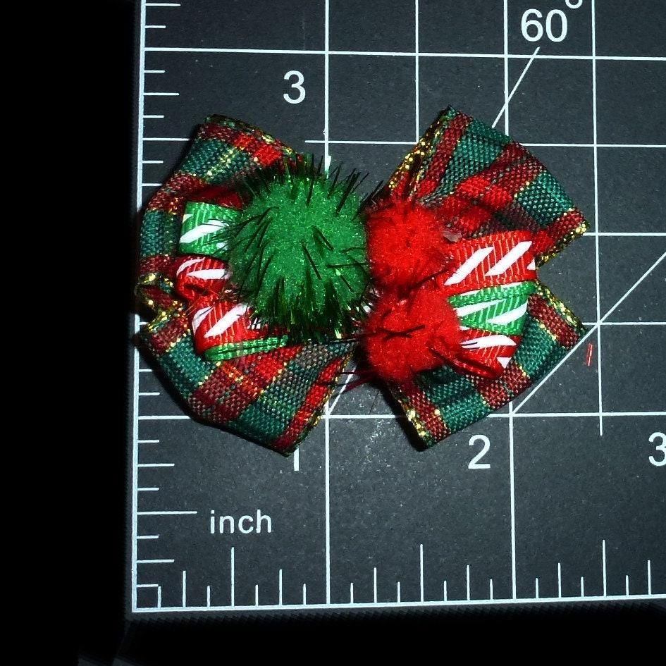 Puppy bows ~ christmas pom pom plaid green red latex bands or barrette (fb78)