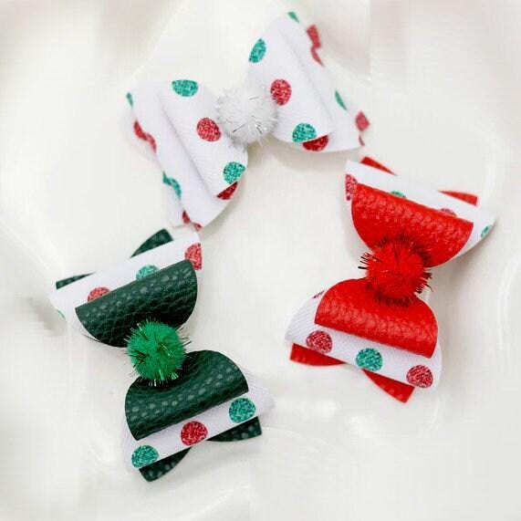 Christmas polka dot pom pom bows dog barrette or bands pet hair bow - (br6a)