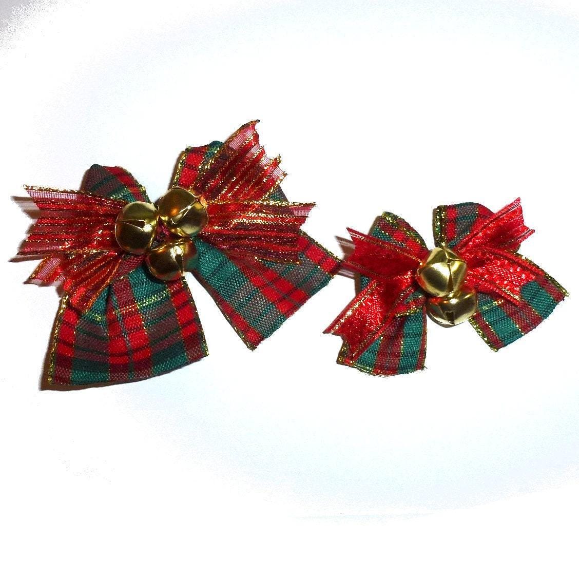 Puppy bows christmas plaid jingle bell bow pet hair bands clip dog collar slide