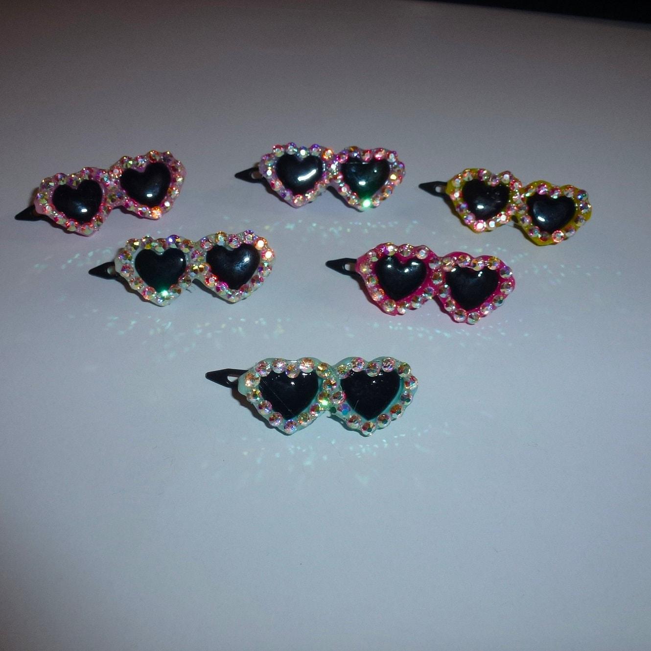 Puppy bows ~ rhinestone pink blue yellow black red heart barrette pet hair clip sunglasses bow