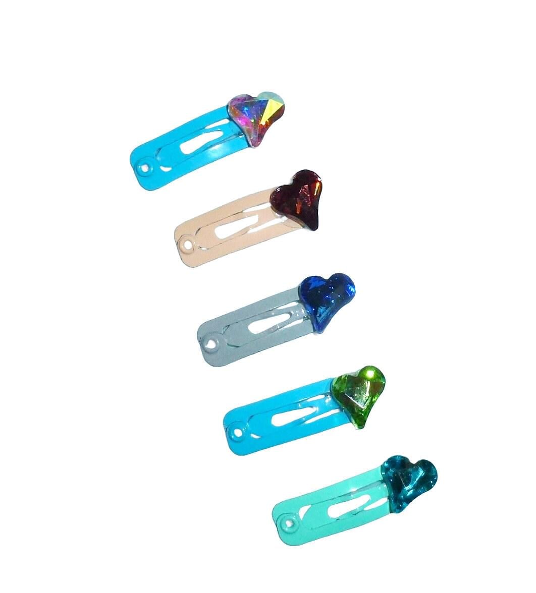Dog hair clip tiny 3/4" rhinestones hearts on rectangle snap clips barrette bow 5pcs