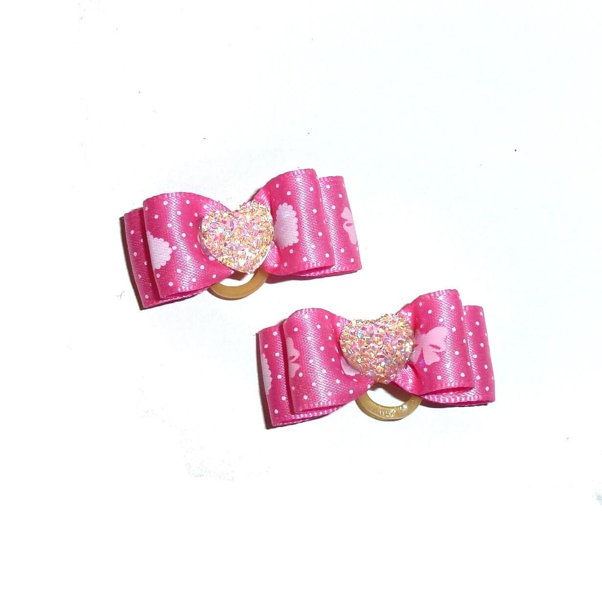 Puppy dog bows two pink/white heart pet hair show bow barrettes or bands (fb153)