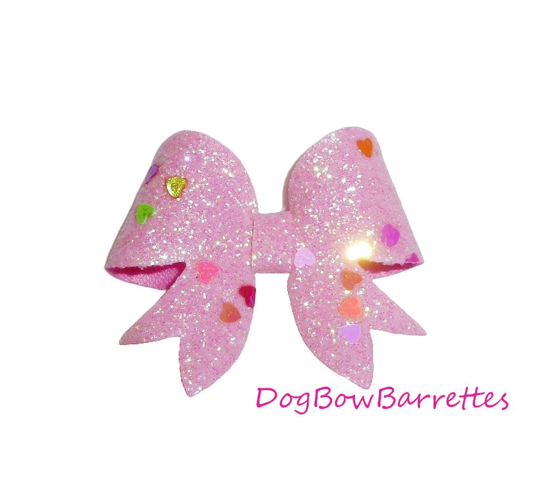 Puppy bows ~ sequin heart hair bows barrette or bands pet dog bow (fb163f)