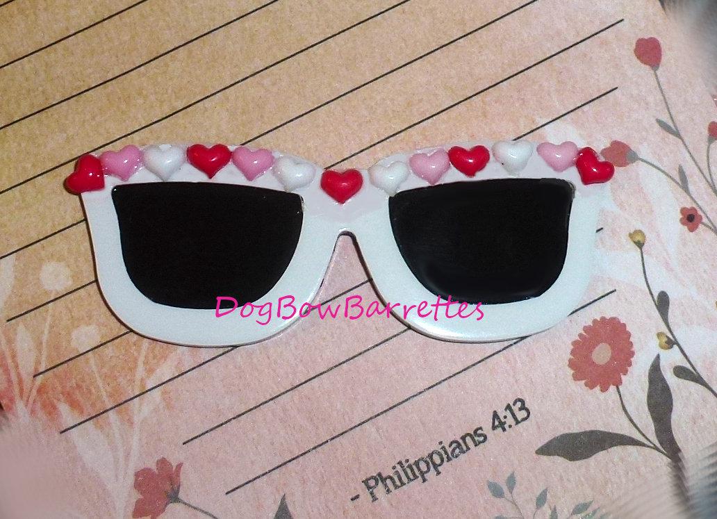 Puppy bows ~ white with tiny hearts glasses dog bow sunglasses pet hair barrette clip