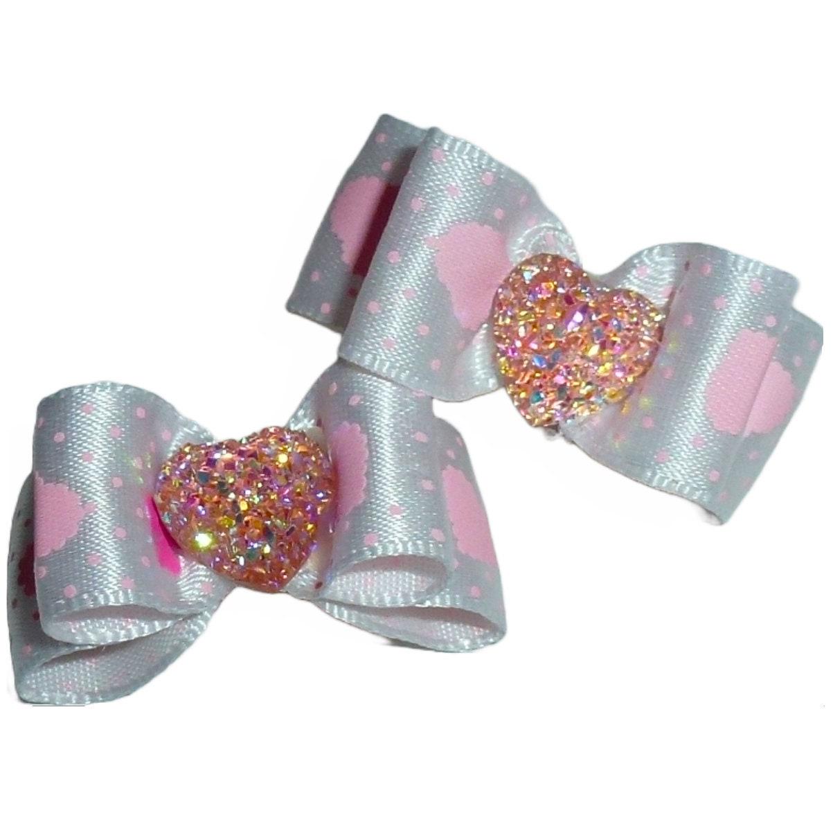 Puppy dog bows two pink/white heart pet hair show bow barrettes or bands (fb153)