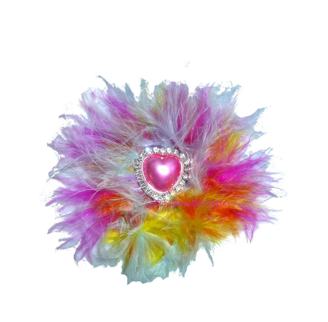 Puppy bows ~ multi color feather boa pink rhinestone heart hair bows collar slide barrette or bands pet dog bow (fb360)