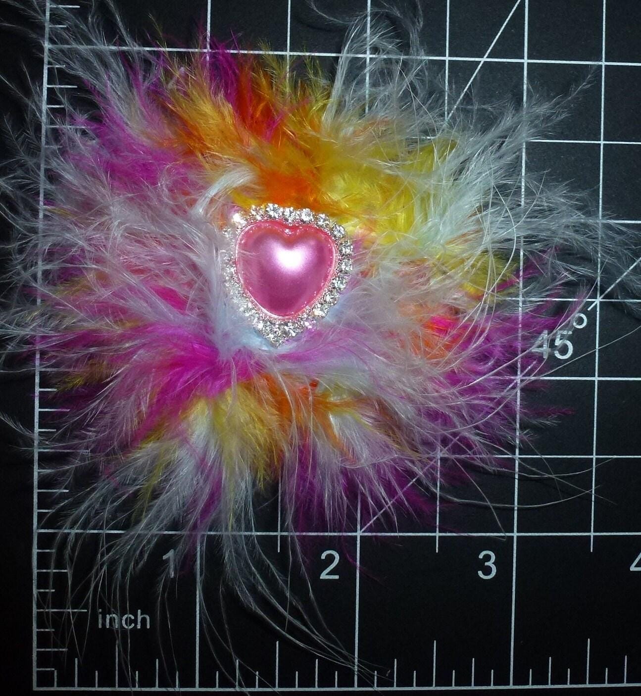 Puppy bows ~ multi color feather boa pink rhinestone heart hair bows collar slide barrette or bands pet dog bow (fb360)