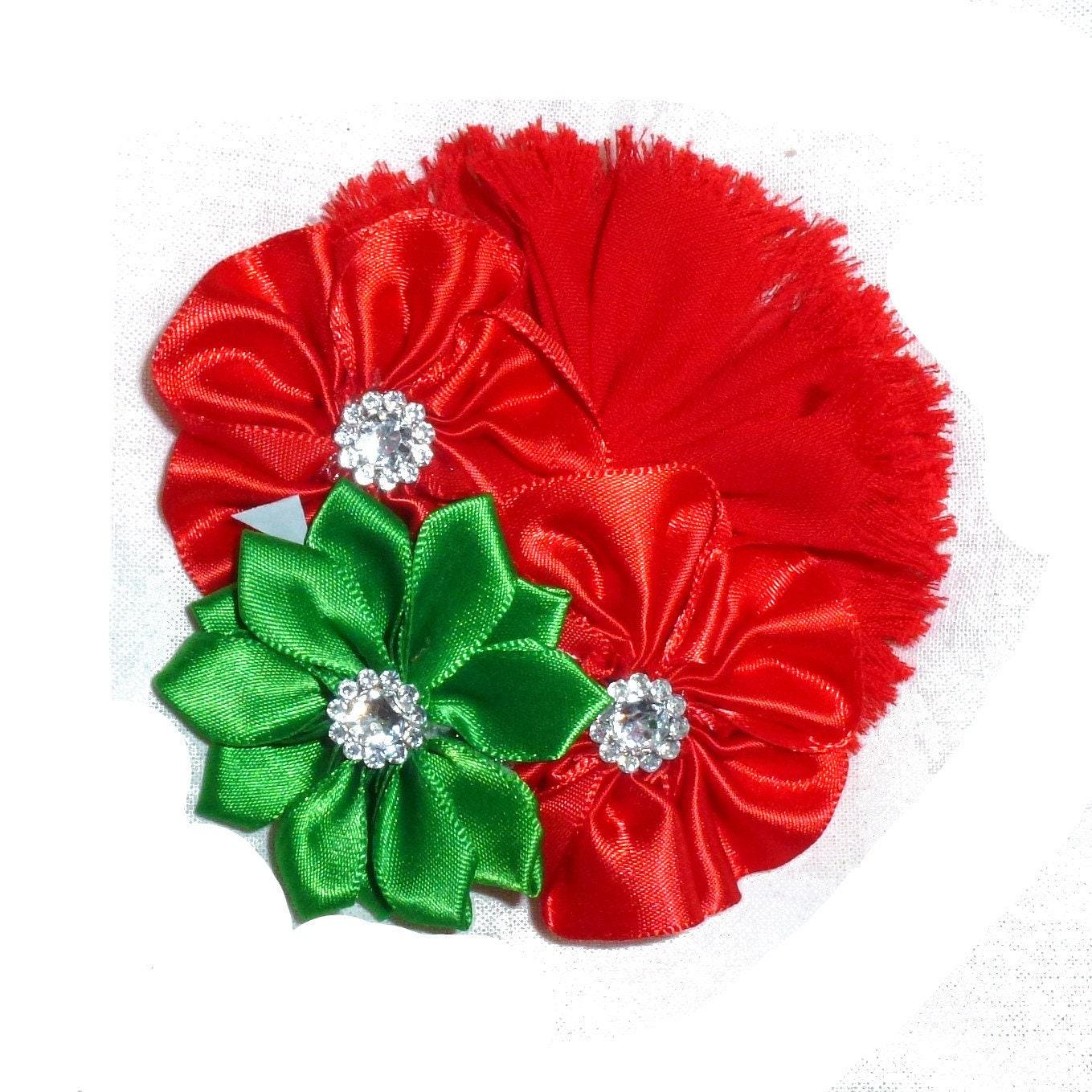 Puppy bows ~ shabby chic medium dog bow christmas collar slide flower red green ~usa seller (dc5)