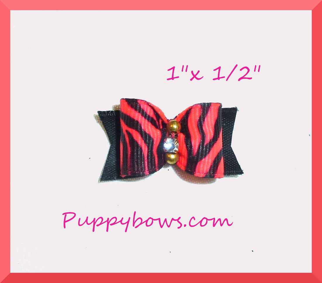 Puppy Bows neon pink 5/8" dog hair bow rhinestones barrette or latex bands