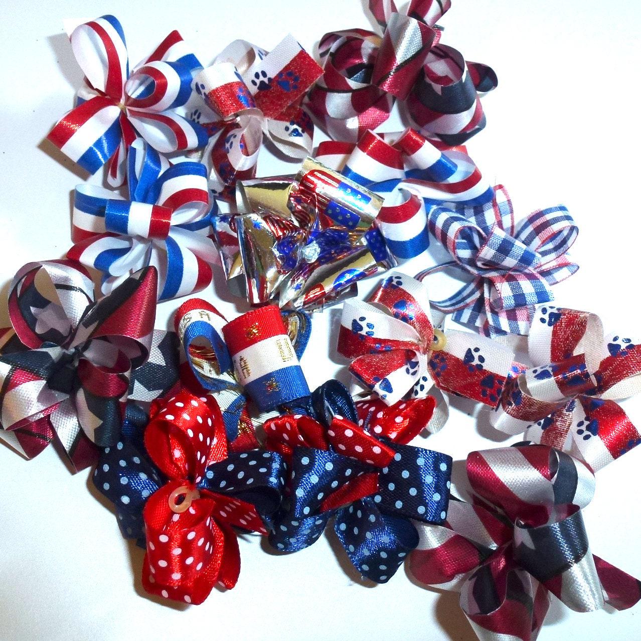 Puppy bows ~ party puffs 4th of july usa patriotic fancy dog grooming hair bow latex band round bows