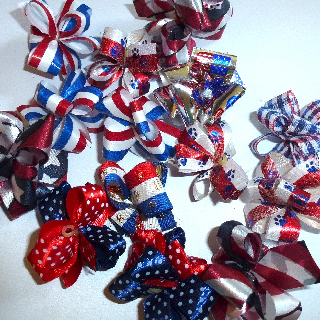 Puppy bows ~ party puffs 4th of july usa patriotic fancy dog grooming hair bow latex band round bows