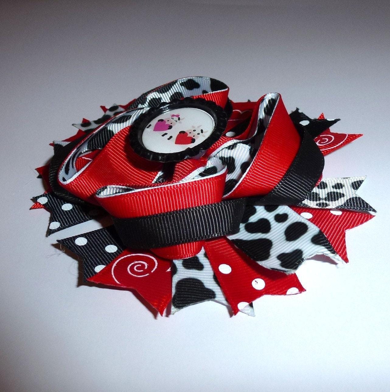 Puppy bows ~ dog collar slide bow valentine's day red/black cows in love accessory (dc8)