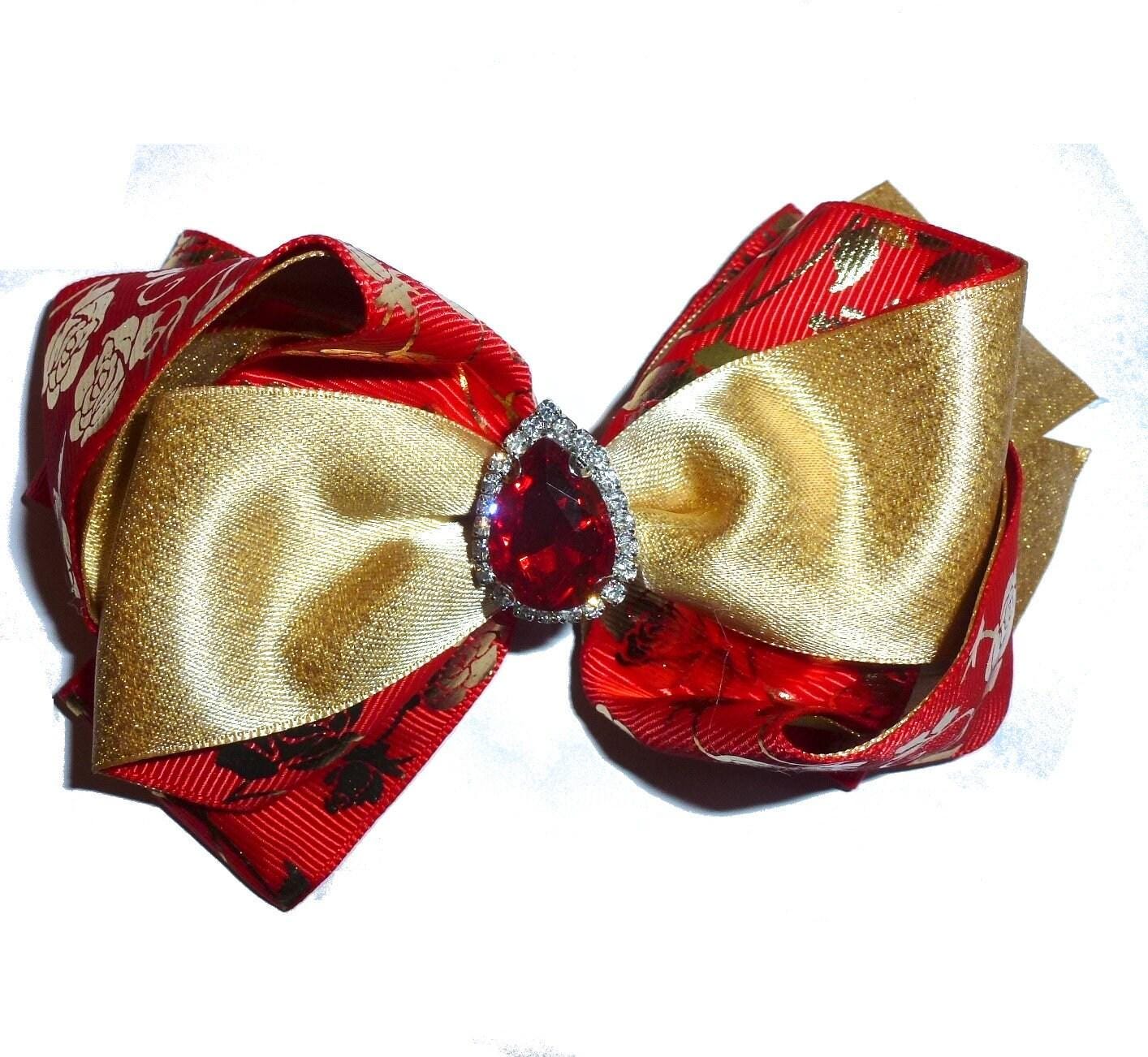 Puppy bows ~ big bling center wavy red/gold dog collar slide bow valentine's day accessory (dc25)