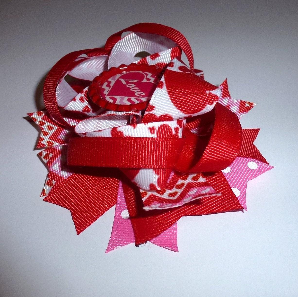 Puppy bows ~ dog collar slide bow valentine's day red/white "love" heart accessory (dc8)