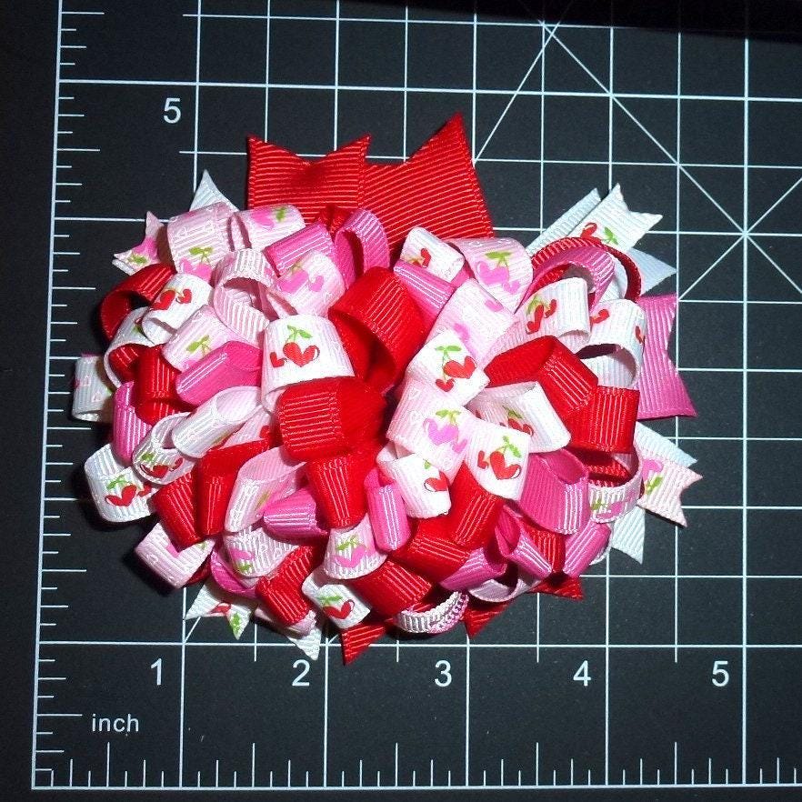 Puppy bows ~ big bow loopy red pink white cherry hearts 4" dog hair bow or collar slide bands or clip (dc51)