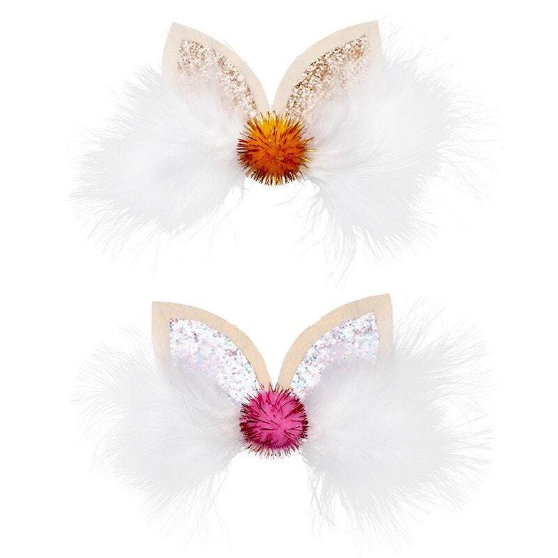 Puppy bows ~ cottontail glitter feather funny easter bunny rabbit ears dog collar slide accessory hair barrette ~usa seller (fb162)