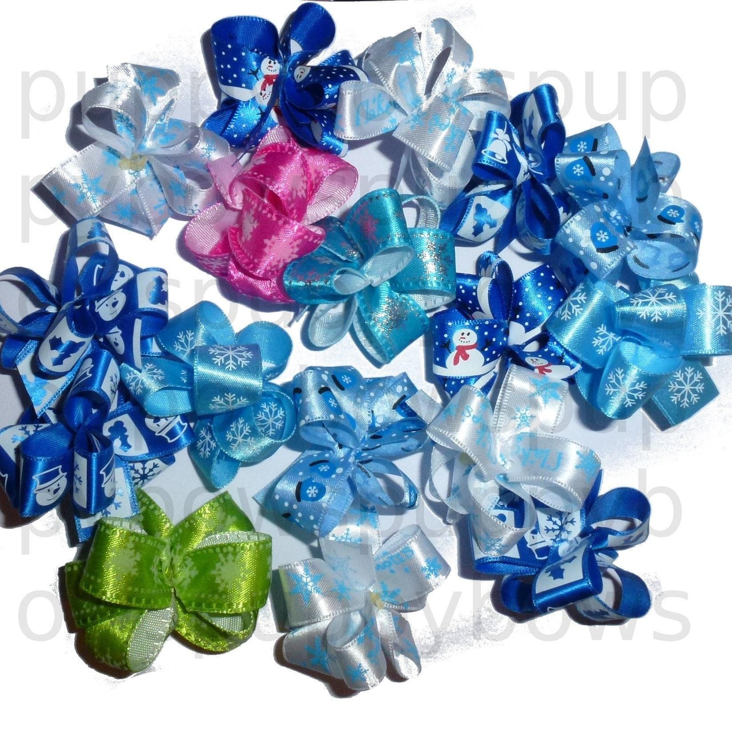 Puppy bows ~ winter snow bows blue snowflakes snowmen dog grooming hair bow