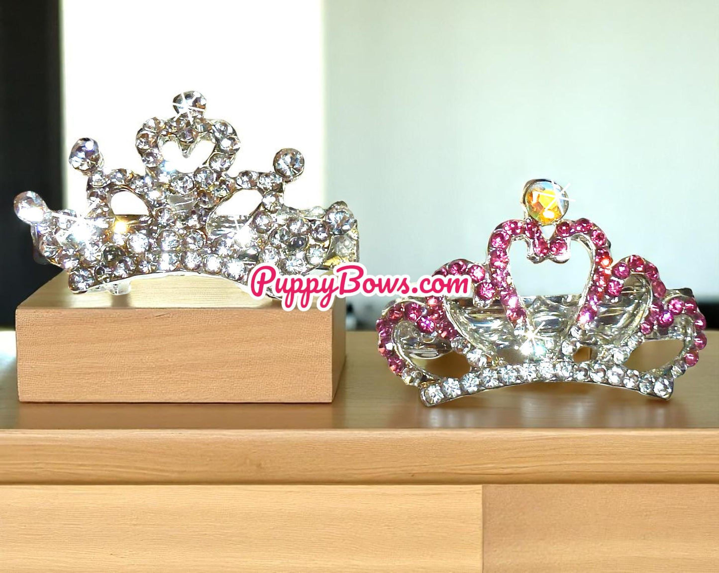 Puppy bows june sale rhinestone tiara crown 1 colored 1 silver dog hair bow clip