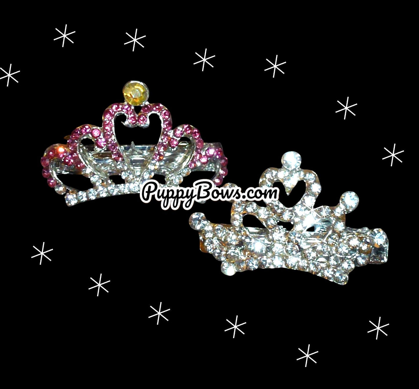 Puppy bows june sale rhinestone tiara crown 1 colored 1 silver dog hair bow clip