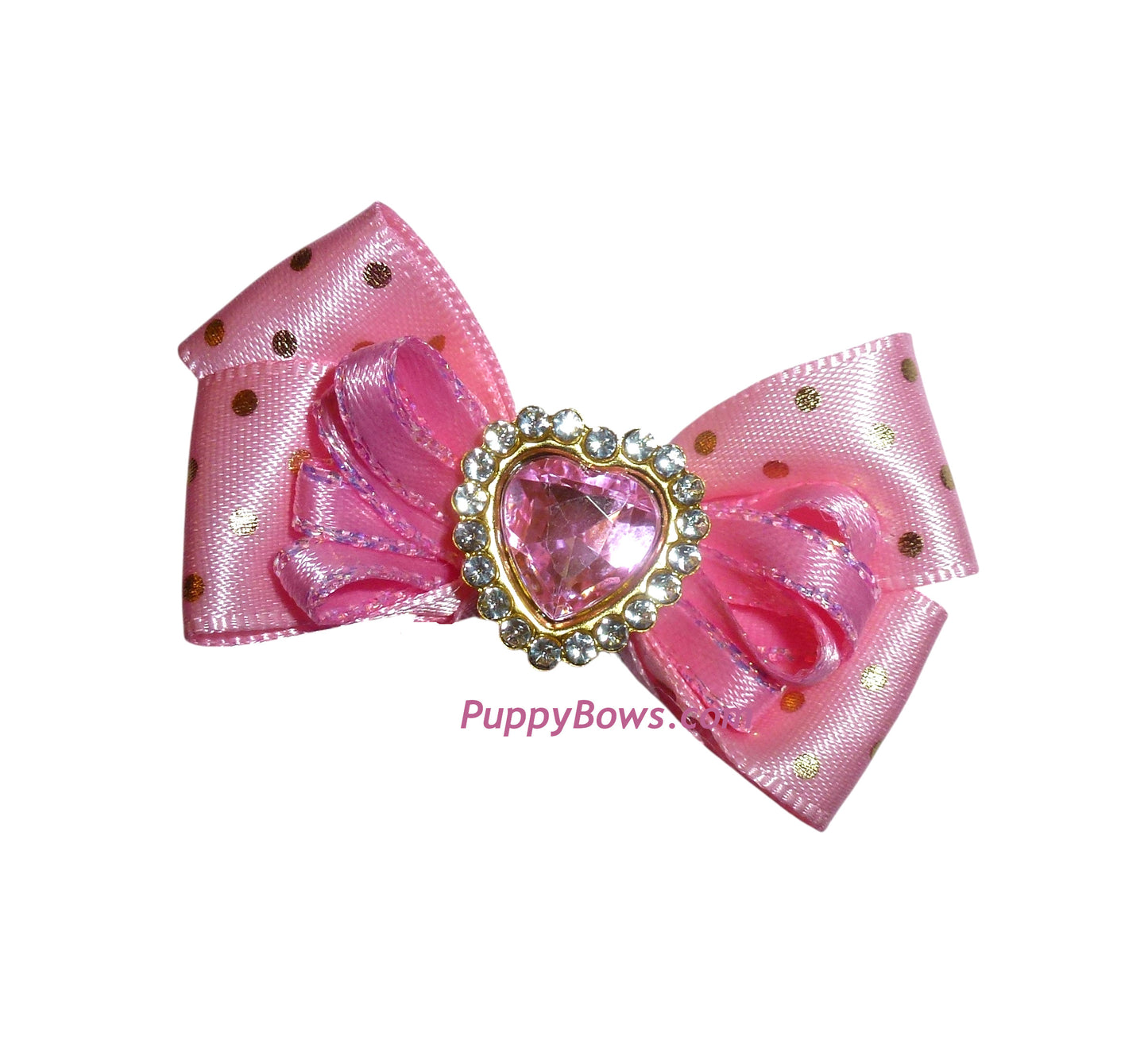 Puppy Bows ~ dog hair grooming bow pink gold dots rhinestone heart pet bows