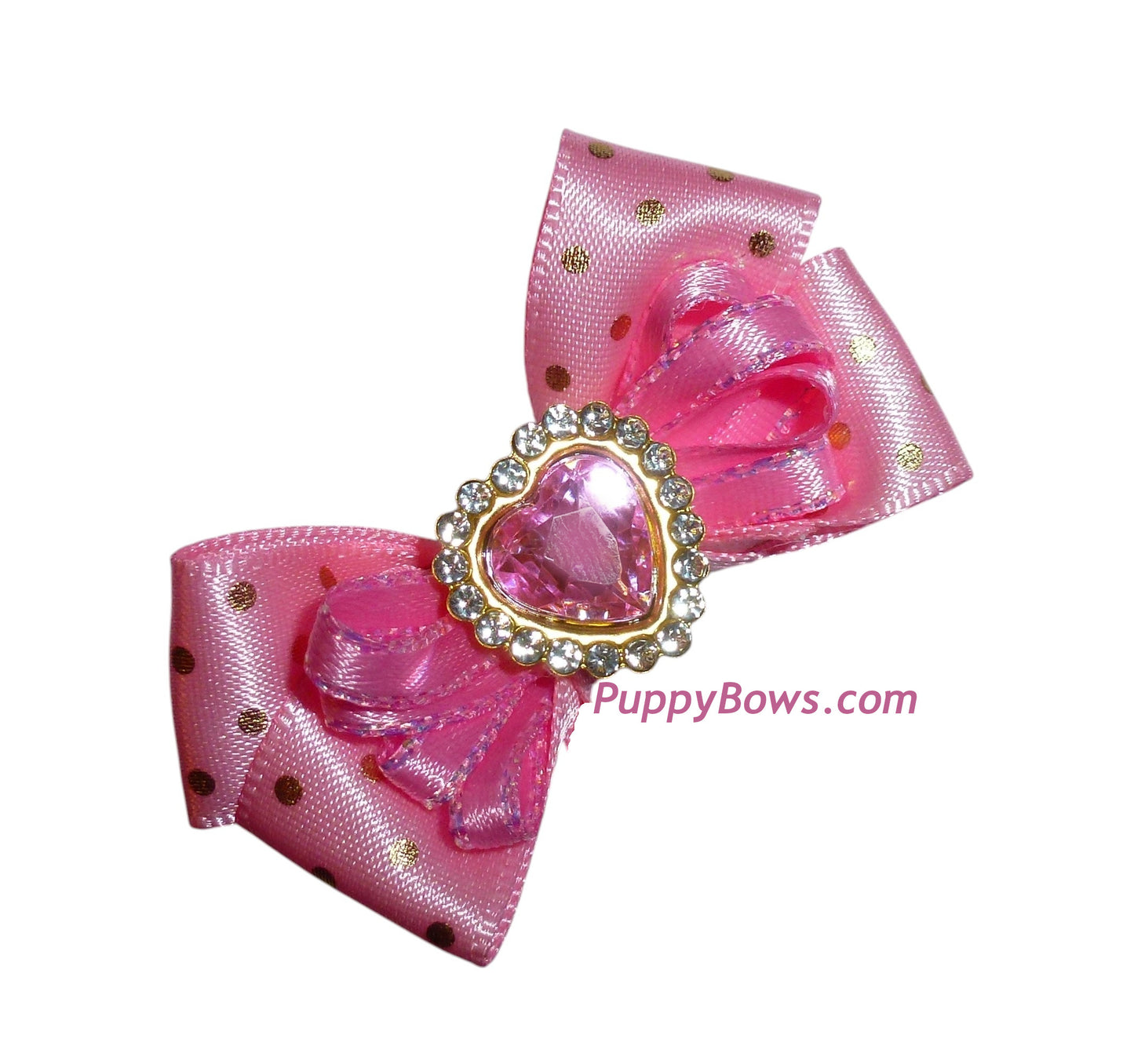 Puppy Bows ~ dog hair grooming bow pink gold dots rhinestone heart pet bows