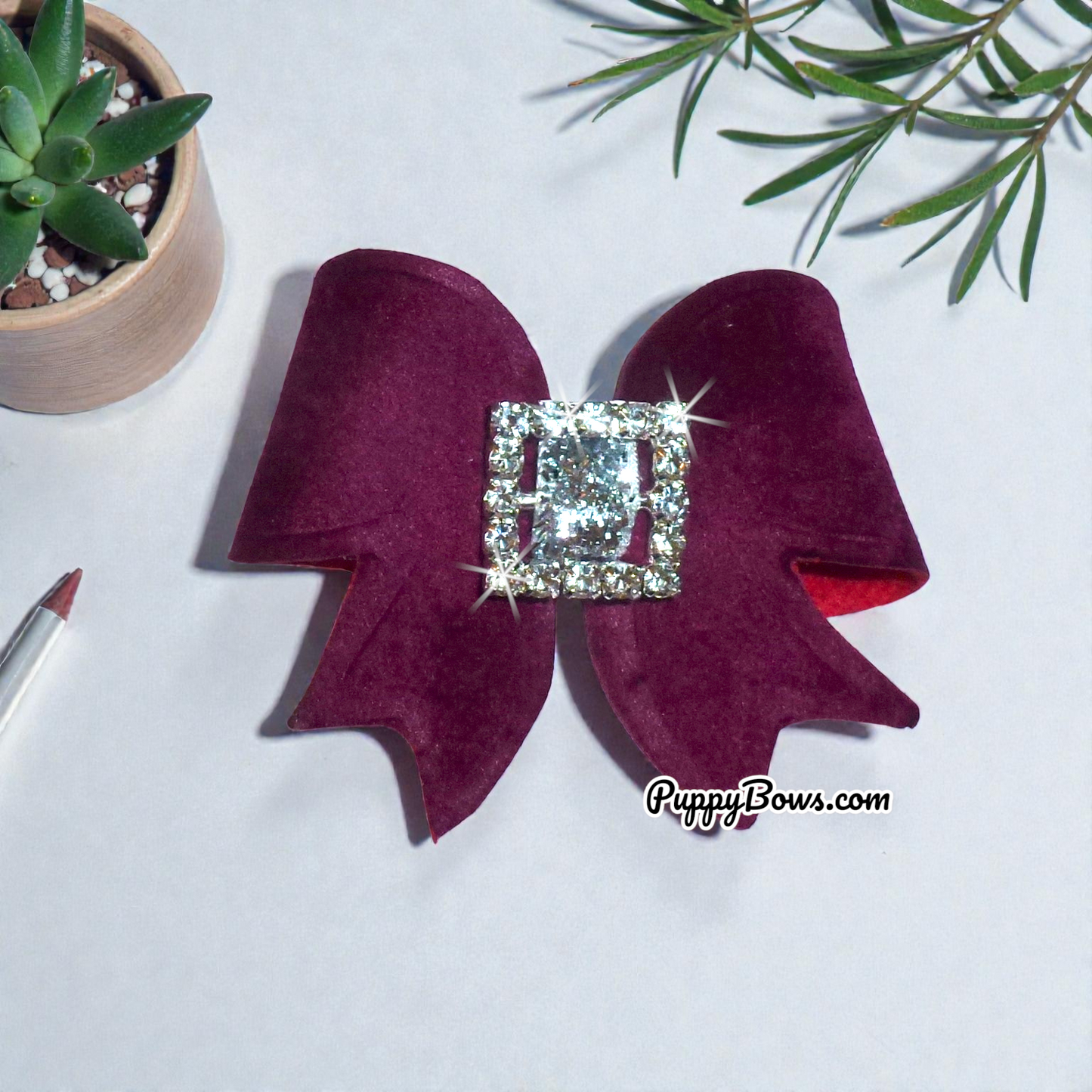 Puppy Bows ~ Red wine velvet rhinestone buckle dog pet hair bow barrettes