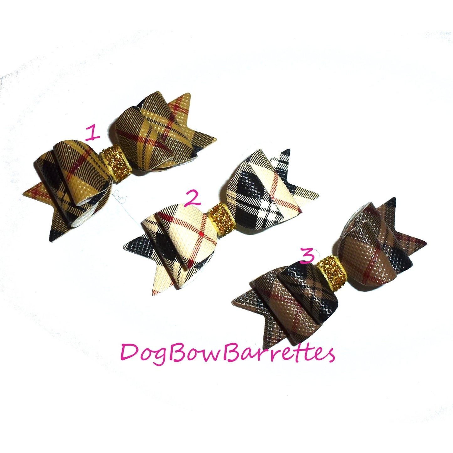 Dog hair bows pet grooming bow brown gold plaid band or barrette clip (GLBX)