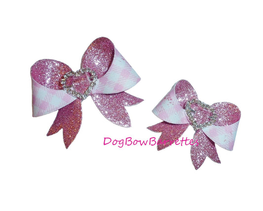 Puppy Bows ~  Rhinestone heart hair bows   barrette or bands pet dog bow (fb163F)