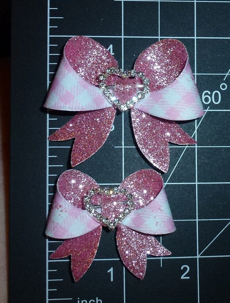 Puppy Bows ~  Rhinestone heart hair bows   barrette or bands pet dog bow (fb163F)