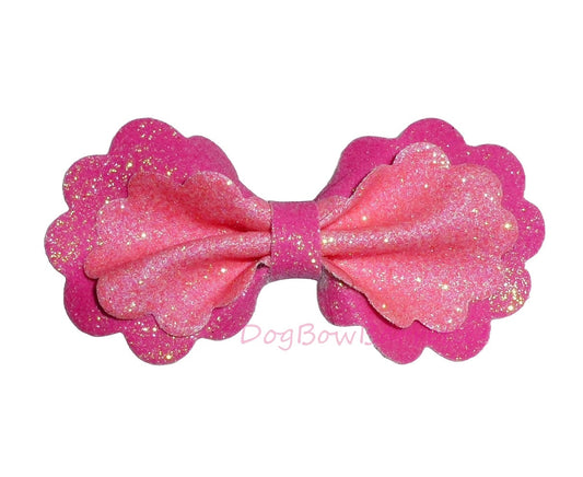 Puppy Bows ~  Pink glitter ruffle edge hair bows   barrette or bands pet dog bow (fb163F) (Copy)