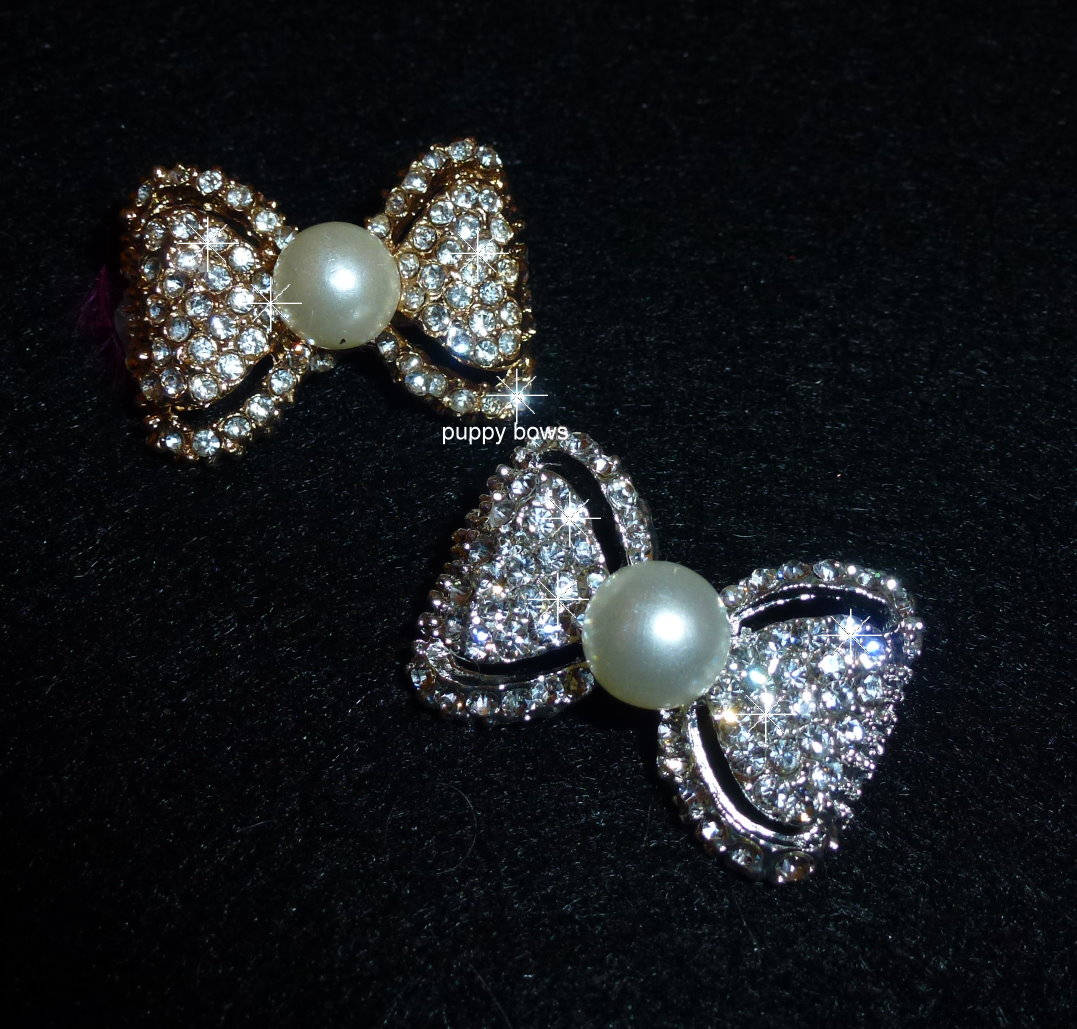 Puppy Bows ~Silver or Gold pearl  rhinestone pet hair clip barrette BOWTIE shape~USA seller