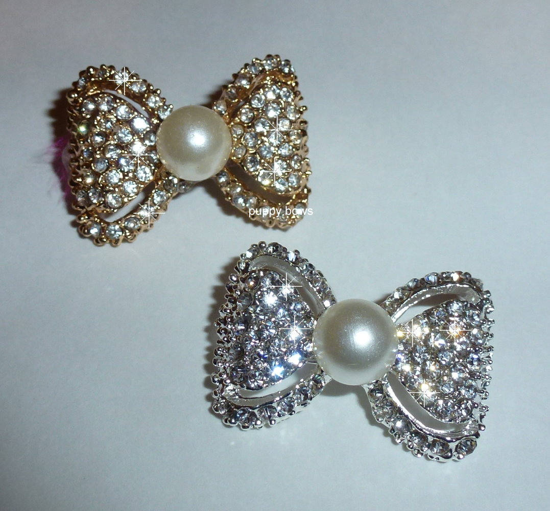 Puppy Bows ~Silver or Gold pearl  rhinestone pet hair clip barrette BOWTIE shape~USA seller