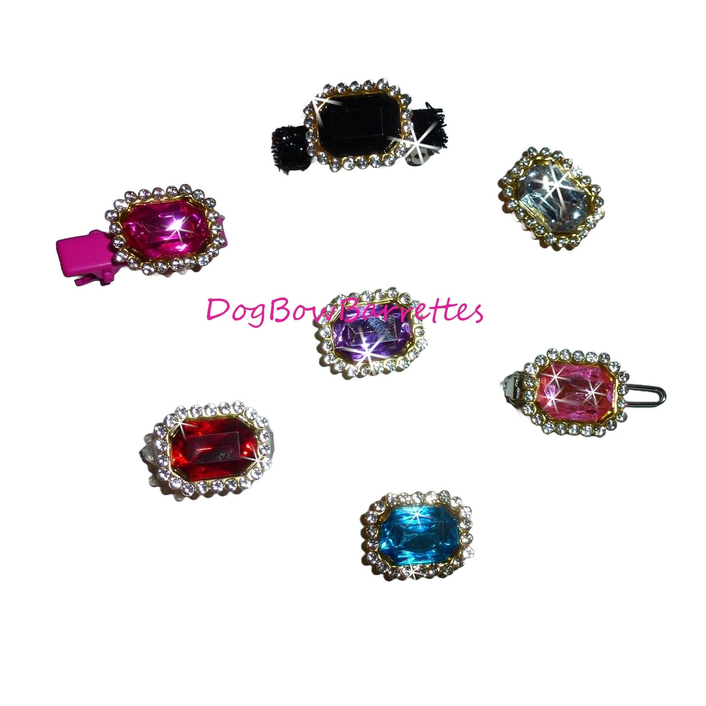 Dog hair clip TINY 3/4" rhinestones gems pink blue crystal rectangles barrette bow (100A)