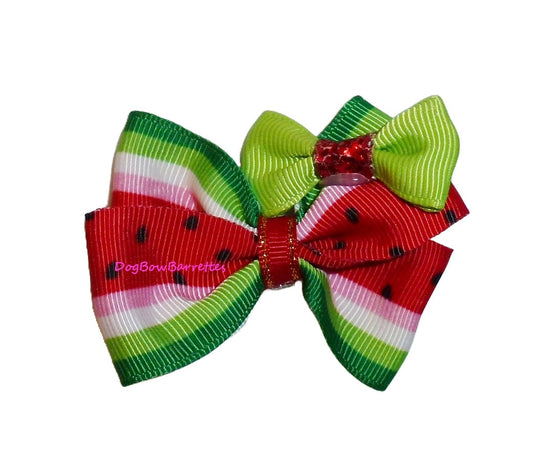 Puppy Bows ~ Watermelon summer  pet hair bow latex bands or barrette  (fb51D)