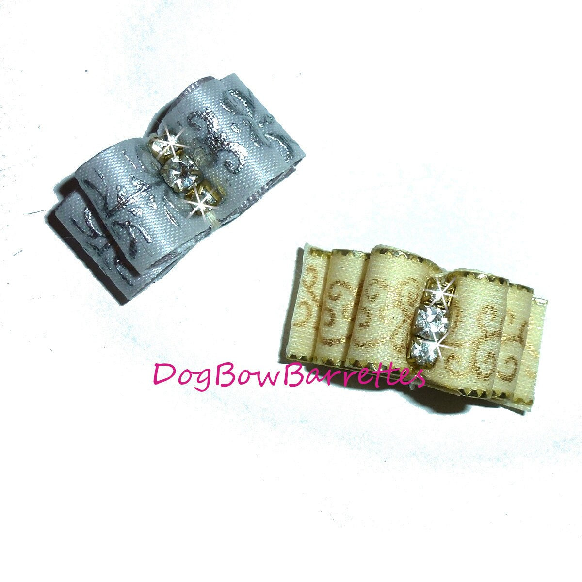 Puppy Dog Bows ~ Silver or gold show with rhinestone center pet hair bow  barrettes  (fb30)