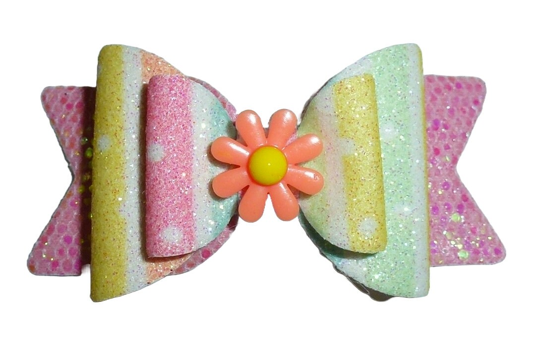 Dog hair bows pet grooming bow rainbow glitter stripes band or barrette clip (GLBX)