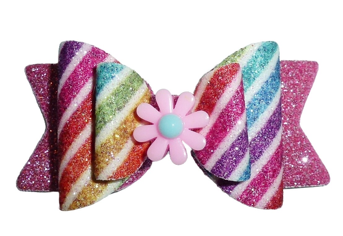 Dog hair bows pet grooming bow rainbow glitter stripes band or barrette clip (GLBX)