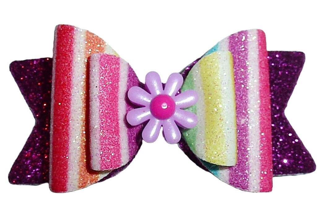 Dog hair bows pet grooming bow rainbow glitter stripes band or barrette clip (GLBX)