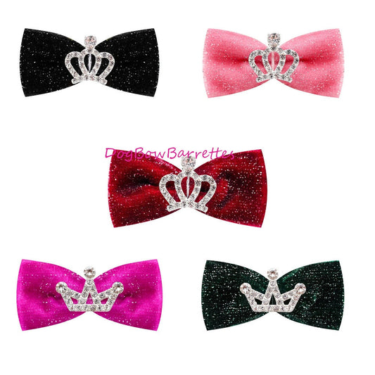 Dog bows rhinestone crown glitter velvet pet hair bow barrettes or bands (fb100D)